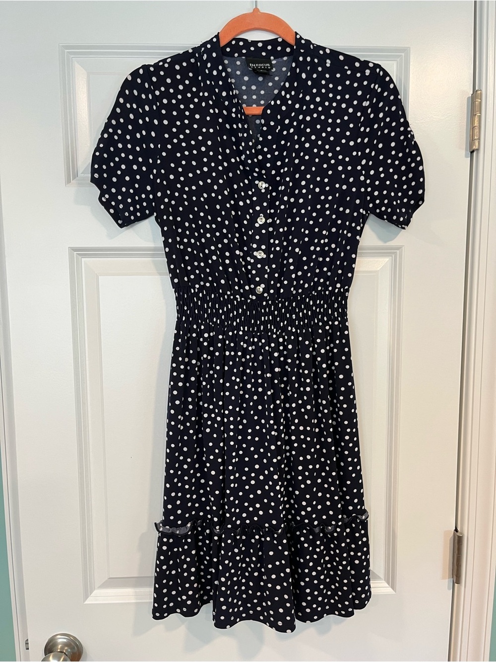 Navy Blue Polka Dot Smocked-Waist Dress
